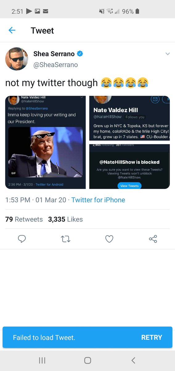 NateHillShow's tweet photo. Shoutout to @SheaSerrano, whose writings I love. Although I don't believe the feeling is mutual. 😆 Homeboy blocked me because I voted for @realDonaldTrump. Discrimate on someone due to their political beliefs. Good look #SheaSerrano. #Trump #Trump2020 #LatinosForTrump https://t.co/aLqwYJ7TdJ
