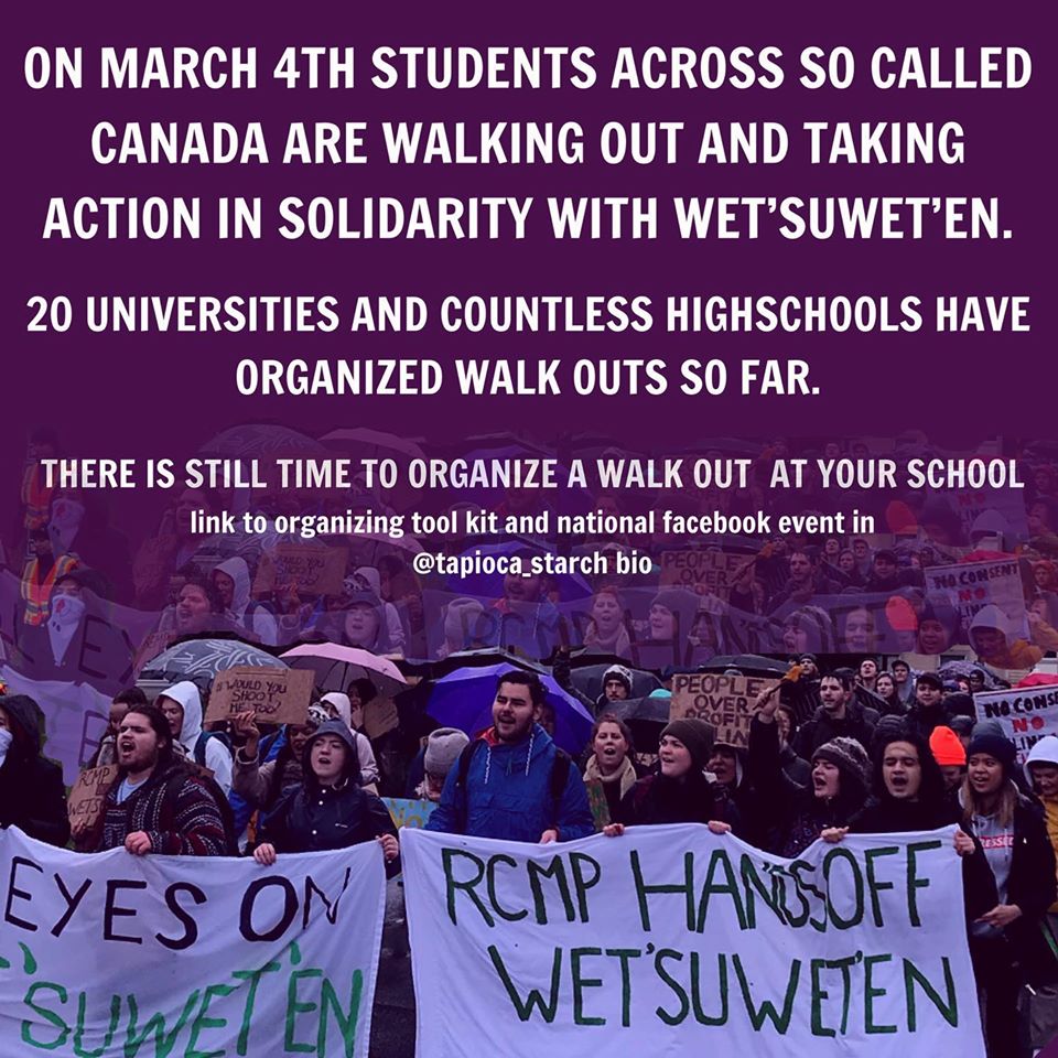 FrackTheState's tweet photo. Action updates & Callout for ongoing support from #Unistoten Solidary Brigade https://t.co/kKBmK7wdUw #WetsuwetenStrong #WetsuwetenSolidarity #ReconciliationIsDead #ShutDownRCMP #bcpoli #cdnpoli incl."Canada"-wide #student #walkout on March 4! https://t.co/NGFPC99FRw https://t.co/gQ4YuUuzBw