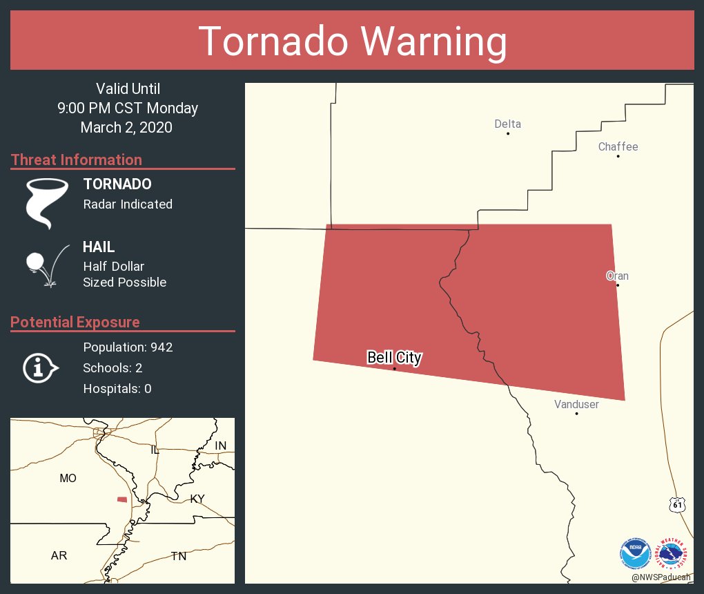 Tornado Warning continues for Bell City MO until 900 PM CST NWS