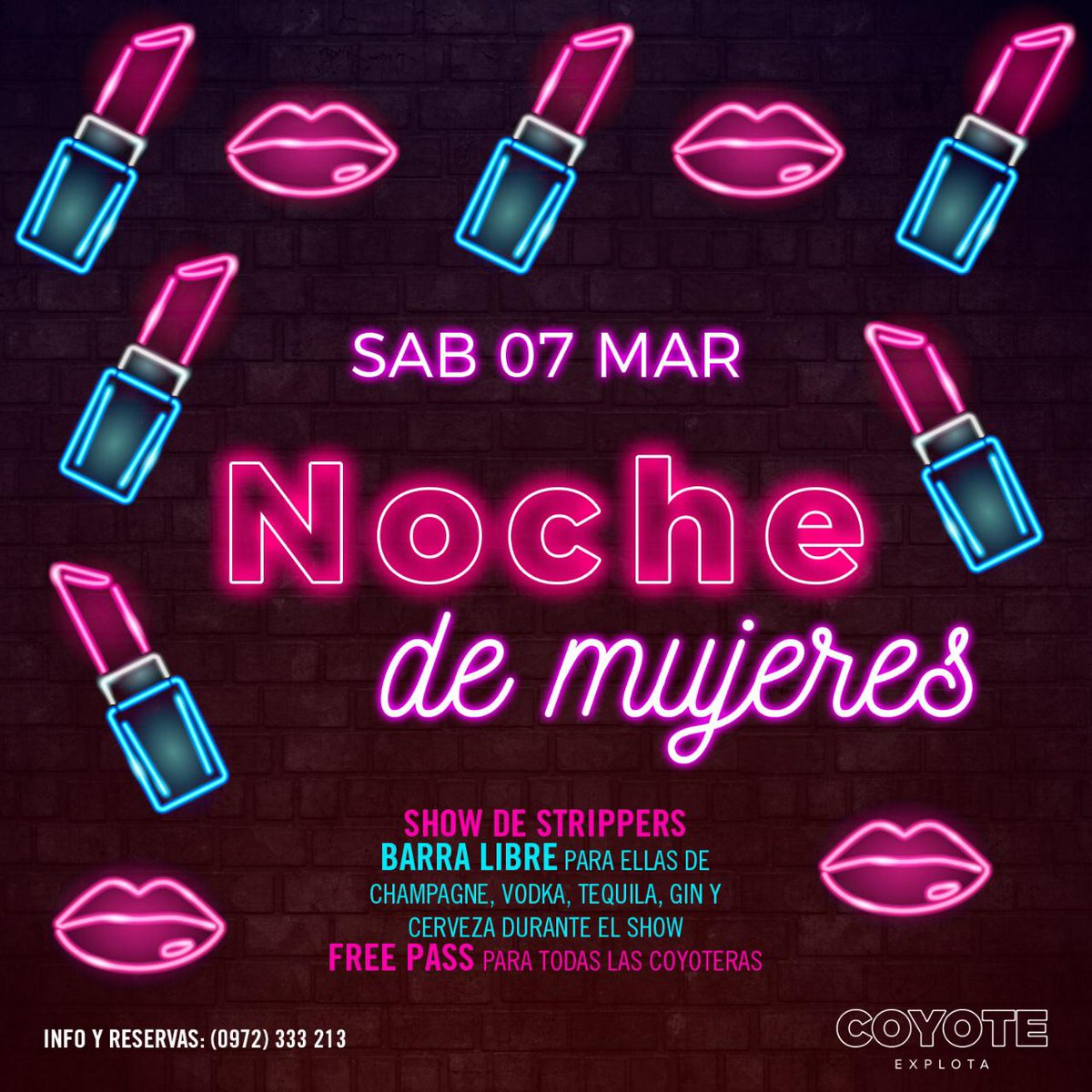 Coyoteasu's tweet photo. Este sábado 7 de Marzo! 

A pedido de las chicas!

VUELVE LA NOCHE DE MUJERES

Show imperdible de Strippers y BARRA LIBRE de Champagne, Vodka, Tequila, Gin y Cerveza durante el show!

Free pass para todas las Coyoteras! 

Reserva tu mesa al 0986 663 800! https://t.co/oT0gSl9BW6