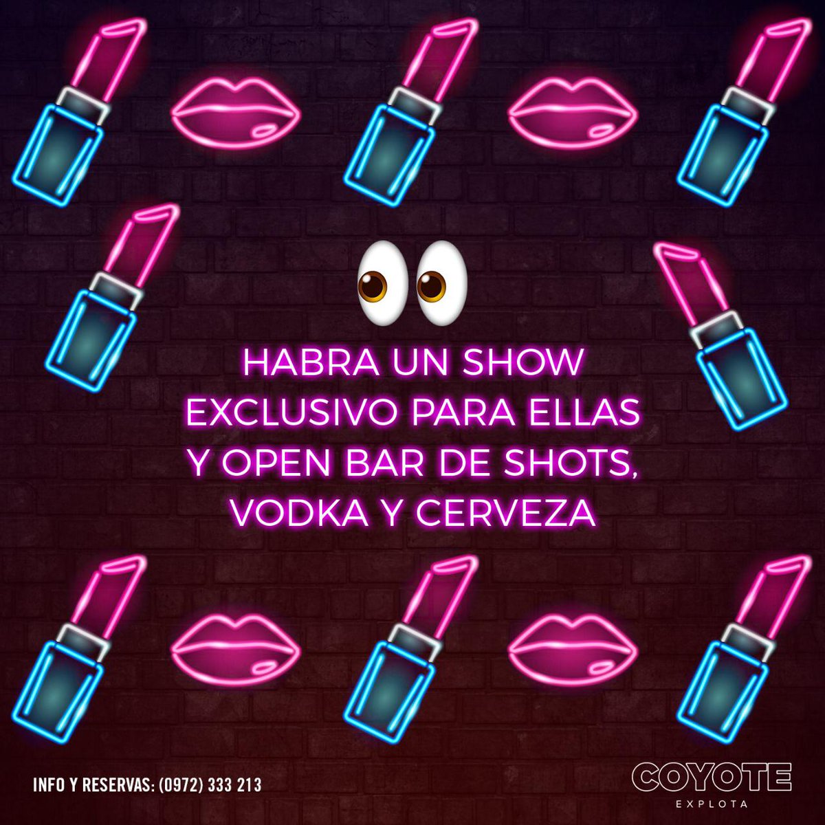 Coyoteasu's tweet photo. Este sábado 7 de Marzo! 

A pedido de las chicas!

VUELVE LA NOCHE DE MUJERES

Show imperdible de Strippers y BARRA LIBRE de Champagne, Vodka, Tequila, Gin y Cerveza durante el show!

Free pass para todas las Coyoteras! 

Reserva tu mesa al 0986 663 800! https://t.co/oT0gSl9BW6