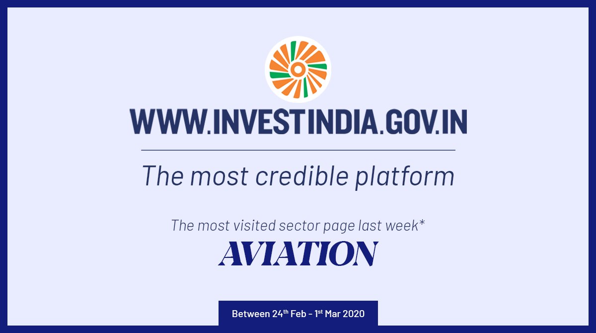 investindia's tweet photo. #SectorOfTheWeek
Aviation sector was the most visited sector page last week on @investindia's website - the most credible platform for investment information. Explore more about this sector, visit https://t.co/55WxiCIbJZ NOW!
@PMOIndia @MoCA_GoI @HardeepSPuri @icao @DGCAIndia https://t.co/UN8Z9F2v4L