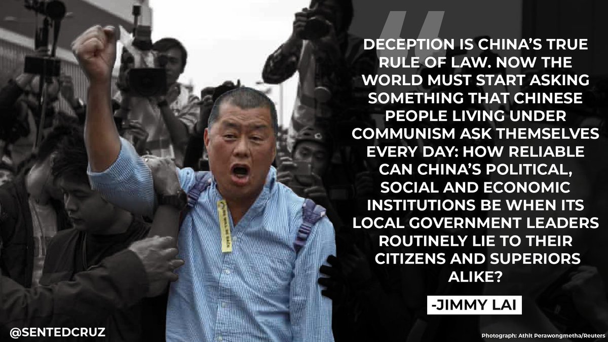 SenTedCruz's tweet photo. All tyrants, including those of the Chinese Communist Party and the Hong Kong government, fear the truth. And they fear dissidents, which is why they arrested Jimmy Lai. I will continue to support Jimmy &amp; all those speaking out against tyranny &amp; fighting for freedom. https://t.co/jK7GciYO5l