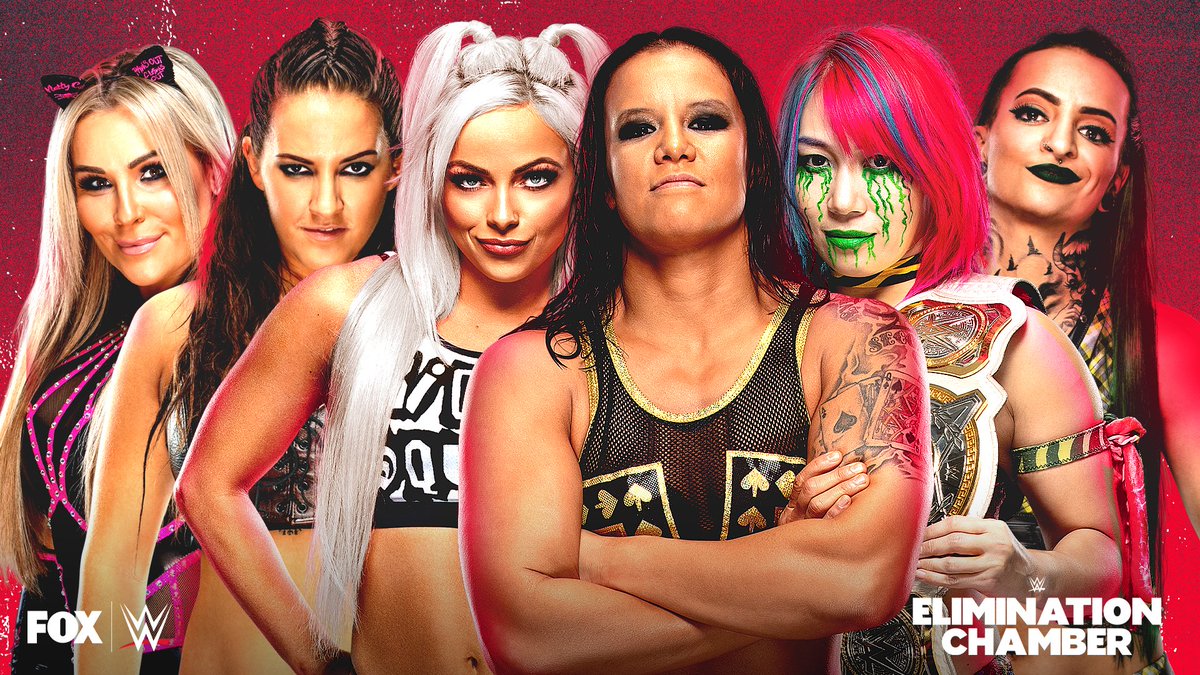 WWEonFOX's tweet photo. Who will challenge @BeckyLynchWWE for the RAW Women's Championship at @WrestleMania? These 6 women will step into the Elimination Chamber TOMORROW to find out! #WWEChamber https://t.co/7xg6guKhpw