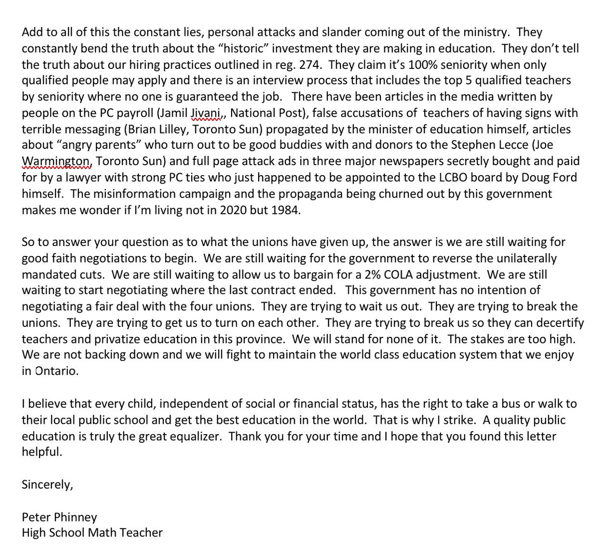 phinney35's tweet photo. Hi @mikelisa800,

This morning you asked what the unions have conceded because the gov’t has conceded on class sizes and eLearning and if anyone out there could help you understand.  I’ve responded in the letter below. Thanks for taking the time to read it.  #OntEd #OSSTF https://t.co/AbX07bj039