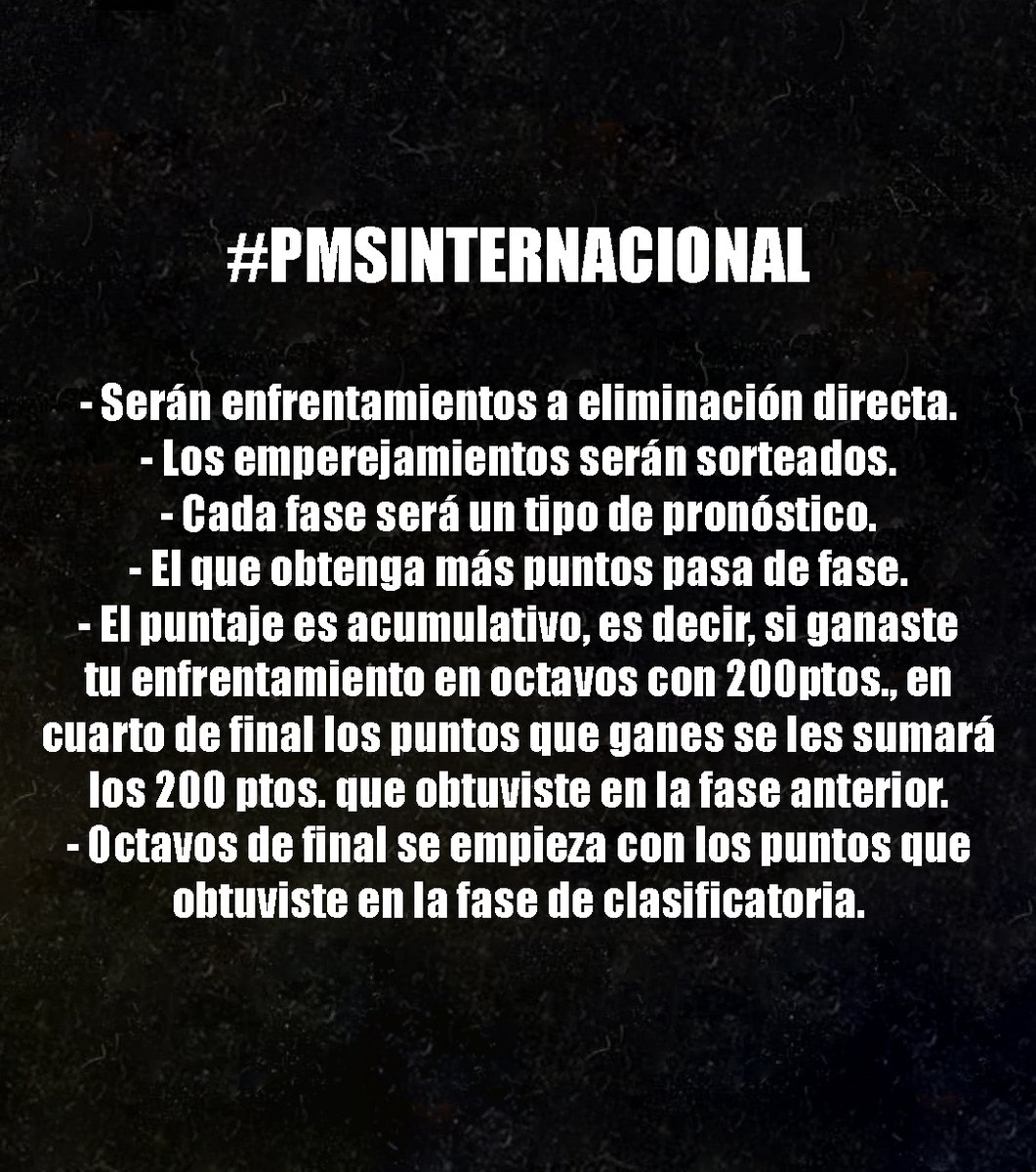 TongoFue's tweet photo. #PMSInternacional

FORMATO OFICIAL:

Cada participante tiene que enviar sus pronósticos antes del inicio del evento.

Tienen que enviar todos los pronósticos que se explican en la imagen. https://t.co/u2O6N3IlgY