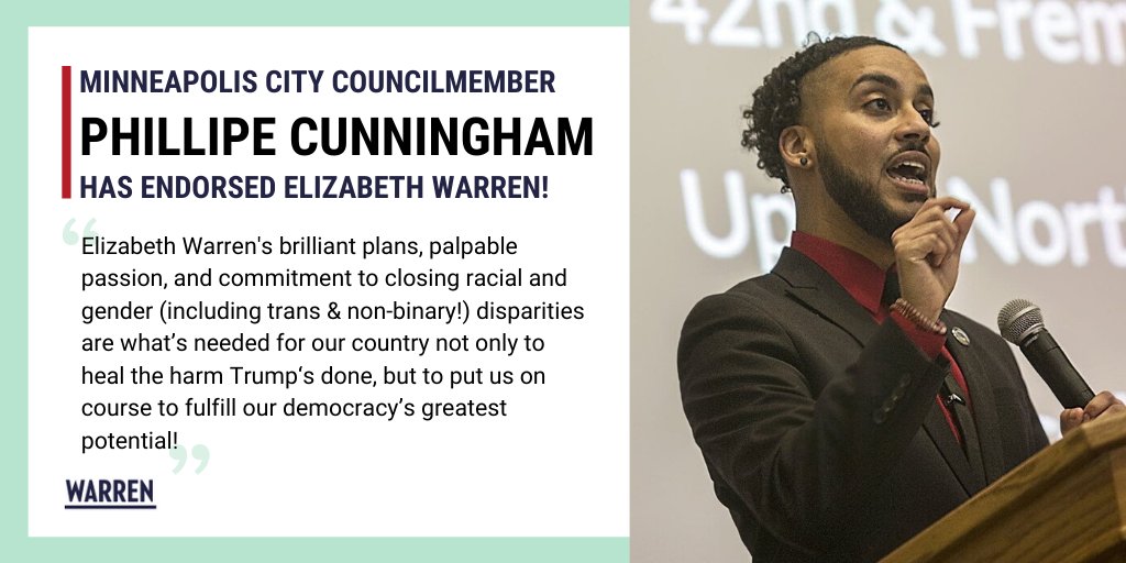 persistMN's tweet photo. "Elizabeth Warren's brilliant plans, palpable passion, and commitment to closing racial and gender (including trans & non-binary!) disparities are what's needed for our country to fulfill our democracy's greatest potential!" β @CunninghamMPLS
#MNforWarren
#ChooseWarren https://t.co/7lgf9MGwcL