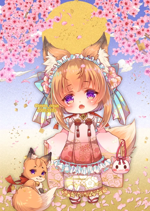 今日は #ひなまつり #みみの日 ですね。先日のみみけ新刊から、桃の花&ちみっこたまおなイラストをアップします。ちみっこの被布姿を描くのもみるのも大好きなのですこの、みちっこたまおは、お子様時代かもしれないですし、謎のパワーでちみっこ化かもしれないです( ˘ω˘) 