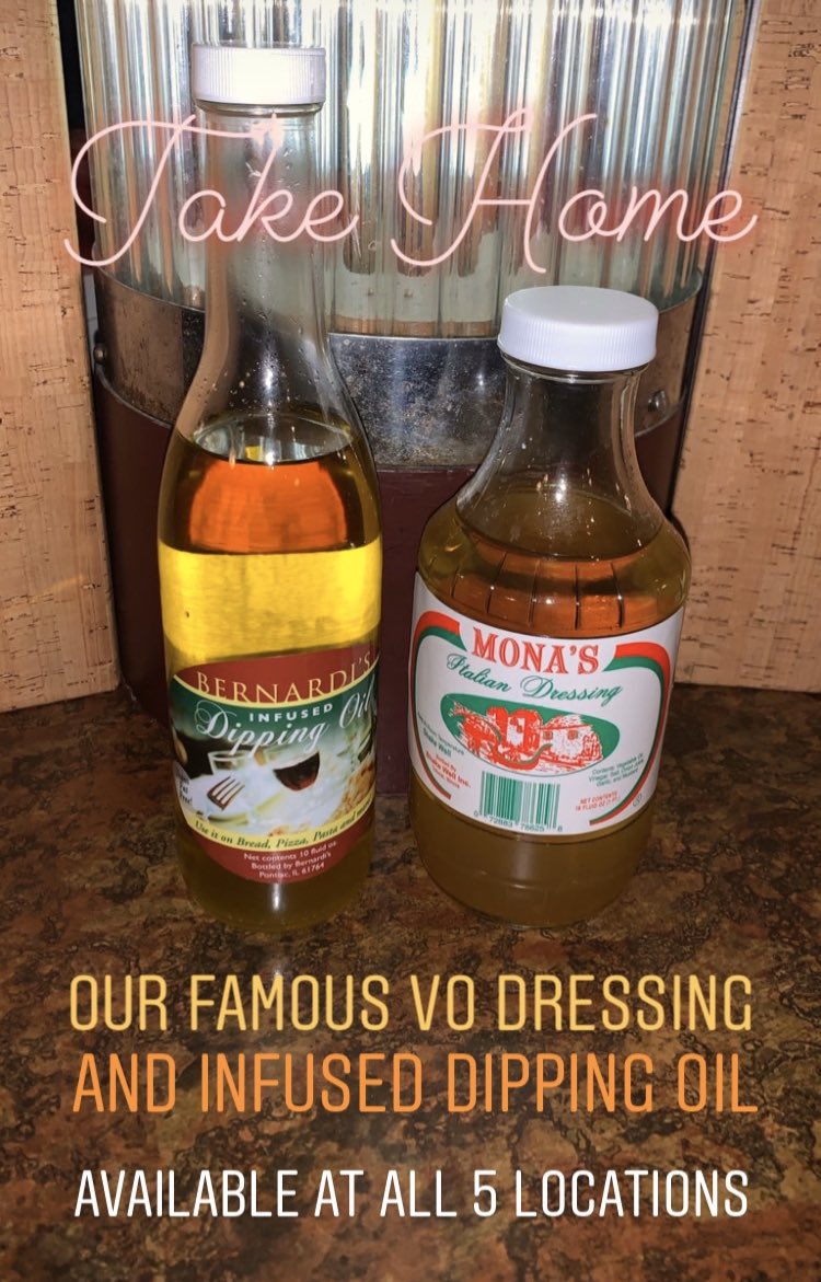 Take home #Monas #HouseDressing #VinegarandOil and our zesty #dippingOil for your favorite crusty bread, salads or recipes! Just $5.25 for the salad dressing and $7.95 for the #infused dipping oil - at all of our #Bernardis restaurants #pontiacil #peoriail #washingtonil #tolucail