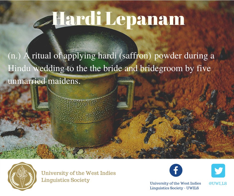 UWI_LS's tweet photo. Hardi Lepanam: a ritual of applying saffron powder during a hindu wedding to the bride and bridegroom. 

#UWI #BeUWI #uwista #UWILS #Linguistics #Caribbeanlinguistics #Trinidadandtobago #triniEC #celebratelanguage 
#languagelearning #creole #Trini  #creolelinguistics https://t.co/oUJhMel5fw