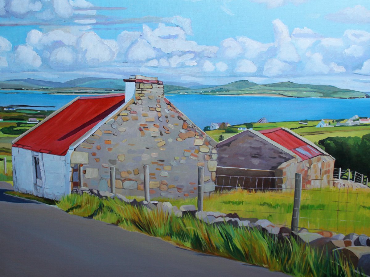 SwanseaArtist's tweet photo. "The Red Roofed Houses, Ireland" - Despite (or because of) all the perfectionism with repainting the clouds (and the road), it all comes together and looks at ease with itself. Buy it here https://t.co/gzPGHsKa9r #Irishart #Donegal #donegaldaily #govisitdonegal #WildAtlanticWay https://t.co/A5d7OtWx1q