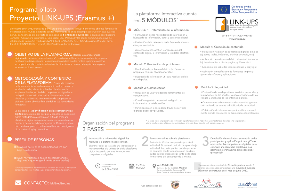 Plus40Net's tweet image. #+de45años? #Desempleado? escasa o nula cualificación en competencias digitales? Inscribete en el programa piloto para mejorar la formacion en #competenciasdigitales del proyecto LINK UPS los dias 9 y 23 de Marzo. Envia tus datos a info@plus40net.com 
Read Less