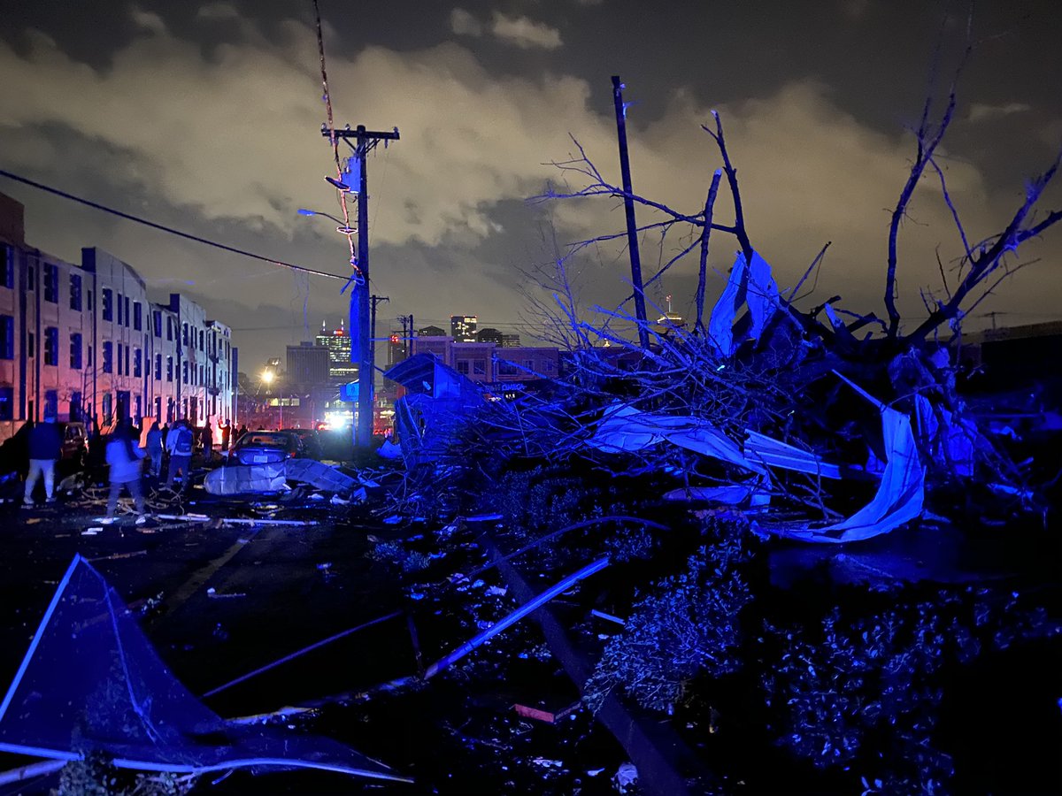 ryanjbreslin's tweet photo. More devastating sights. This is Fourth Ave N in #Germantown. Windows completely blown out. Water dripping down the side of this building. Video to follow. @WSMV https://t.co/2Jm8oeGxFT