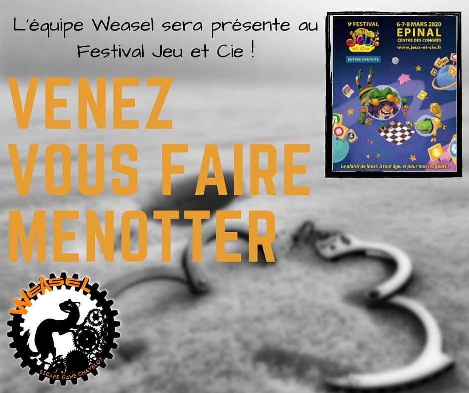 Weasel_Escape's tweet photo. Venez vous faire menotter au Festival jeux et compagnie !
#jeux #vosges #festival #gratuit #sortie #initiation #escapegame https://t.co/PSPptRUCrx