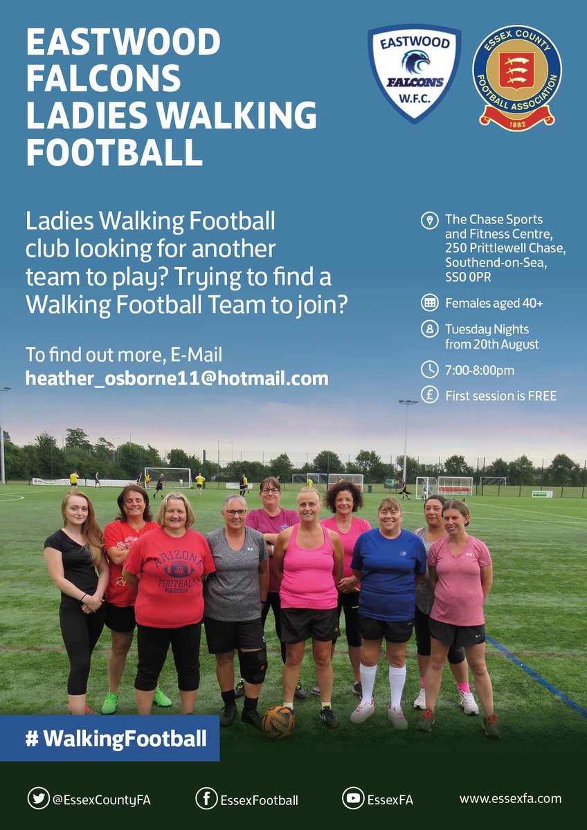 EssexCountyFA's tweet photo. Are you a ladies' #WalkingFootball club looking for another team to play? Trying to find a walking football club to join? Try @FalconsWalking! https://t.co/PUEj9vXVsN