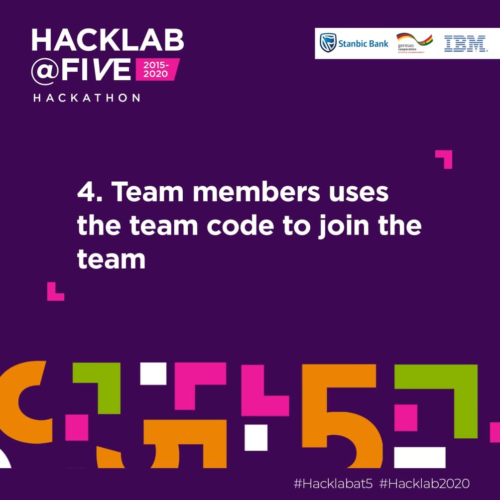 hacklabfdn's tweet photo. 4. Team members use the team code to join the team
#Hacklab #Hacklab2020 #HacklabAt5 #RoadToHacklab2020 #AICanDoIt #StanbicHacklab #IBMHacklab #GIZHacklab https://t.co/DW4Azjoeb0
