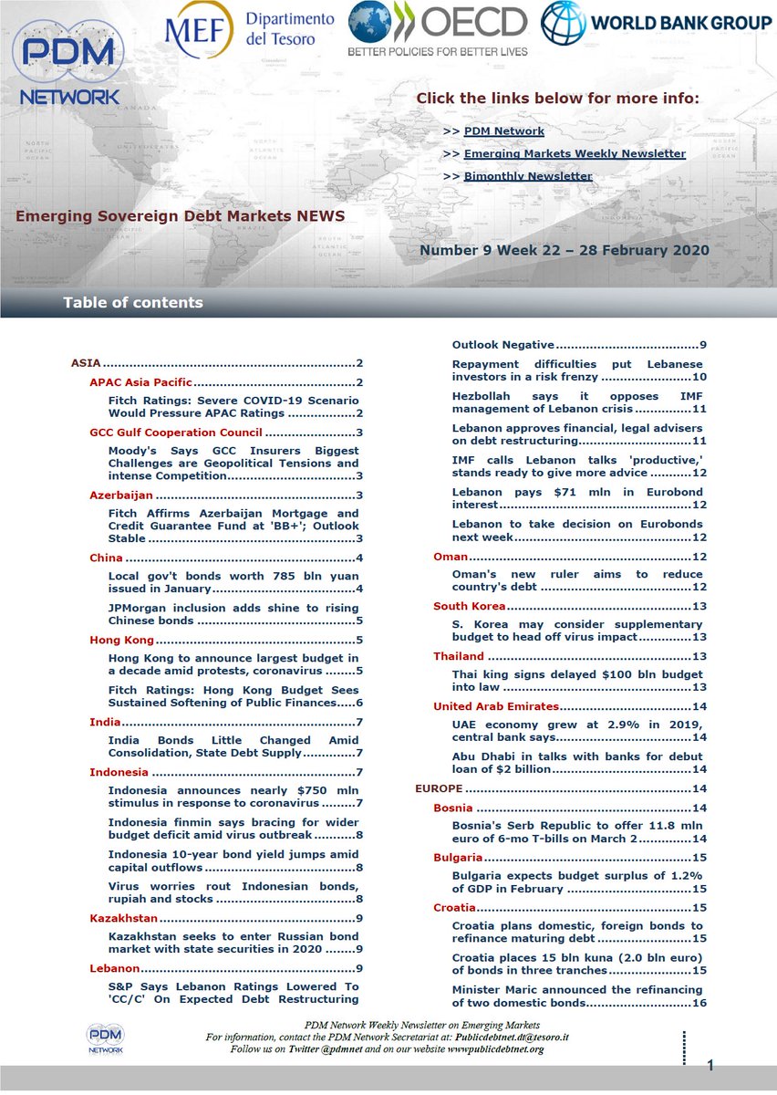 pdmnet's tweet photo. Emerging Sovereign Debt Markets NEWS - WEEKLY NEWSLETTER Number 9/ Week 22-28 February 2020 available here >>https://t.co/hreADMrbE7 #publicdebt #sovdebt #sovbonds #emergingmarkets #CashManagement #sovereigndebt #SovereignBonds #Mef #OECD #WorldBank https://t.co/r0URFV1nIg