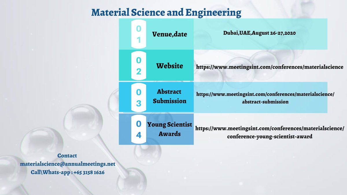 MeetingsInt's tweet photo. #Material_Science_2020
#Dubai_UAE
#Aug_26_27
#Submit_your_abstract 
#speaker 
#Delegate 
#Exhibitor 
#REGISTER_NOW 
For more info visit: https://t.co/EaPCaYuqR9
Mail us at: materialscience@insightsummits.com https://t.co/Sxsypl6G1n