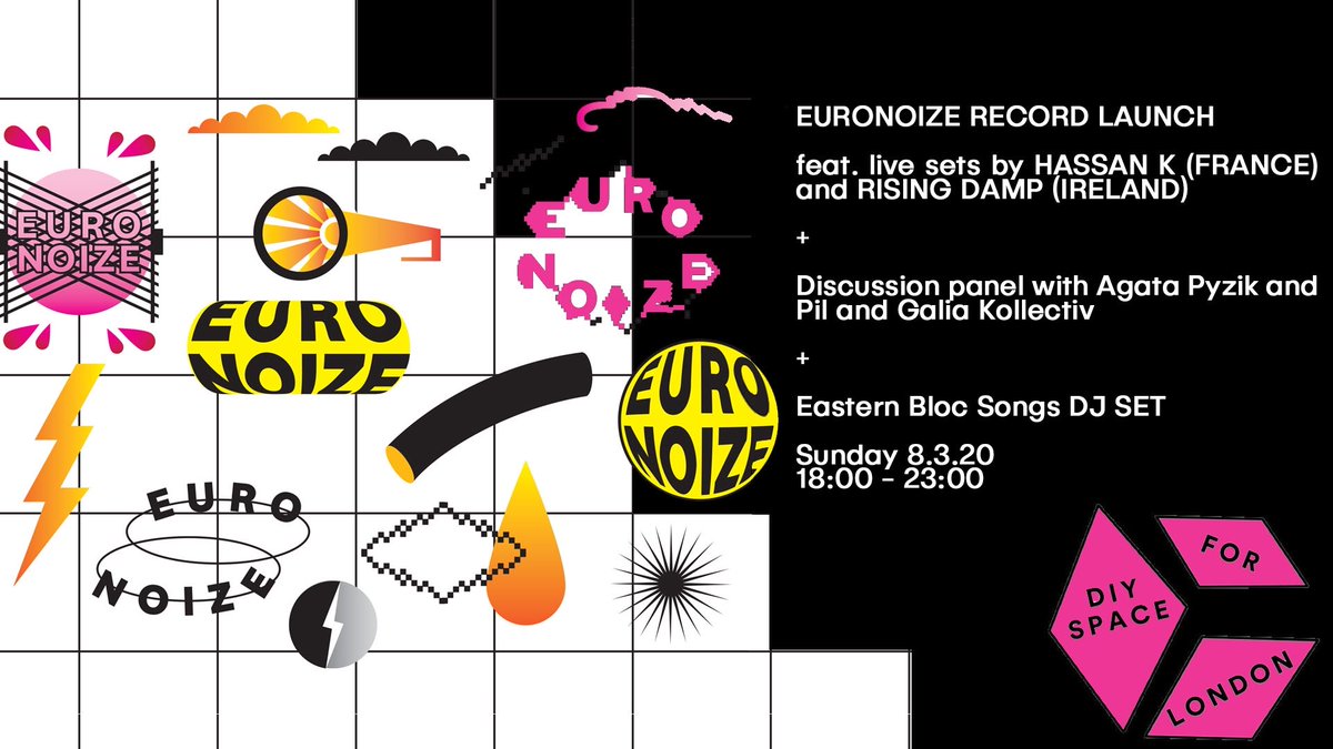 EuroNoize's tweet photo. This Sunday @diyspace4london:  #EuroNoize record launch (FREE!)
18:00 - 20:00 Discussion Panel with Hassan K, Michelle Doyle, Agata Pyzik and Pil and Galia Kollectiv
20:30 Rising Damp
21:15 Hassan K
+ Eastern Bloc Songs DJ Set (Wayne Burrows) https://t.co/mrwke8ykBB