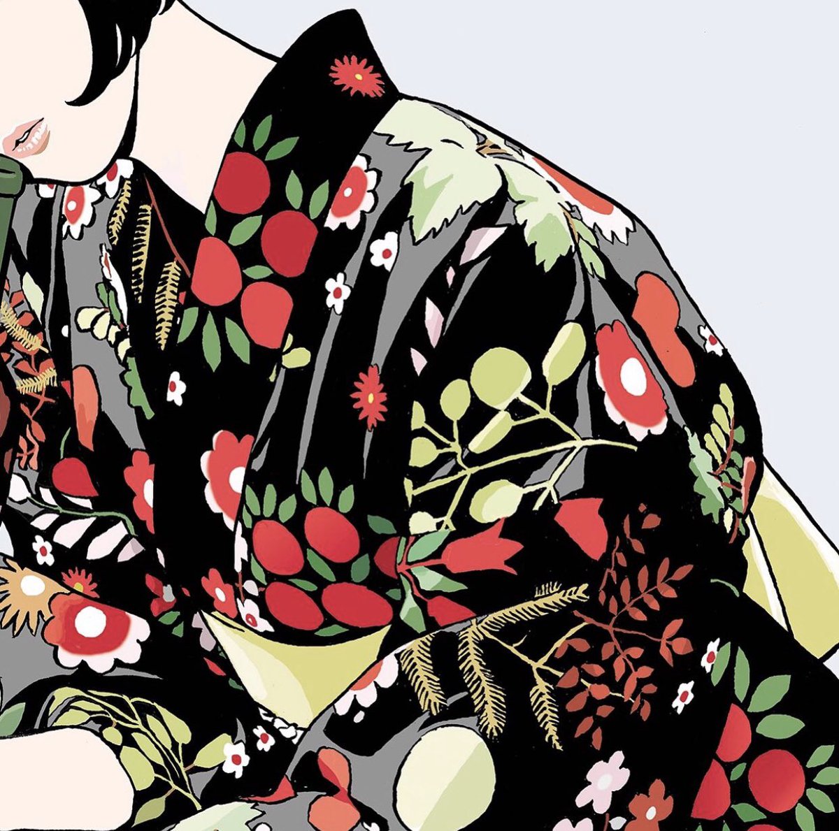 1girl solo japanese clothes black hair kimono black kimono floral print  illustration images