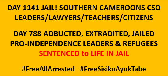 #SouthernCameroons peaceful activists <a href="/Day1141/">ضي القحطاني</a> in #Cameroon jails, tried in military ct, given stiff sentences. Pro-indep leaders Day788 incarceration, sentenced to life #FreeAllArrested <a href="/swiss_un/">SwitzerlandUN</a> <a href="/EU_Commission/">European Commission</a> <a href="/StateDept/">Department of State</a>
<a href="/NRC_Egeland/">Jan Egeland</a> <a href="/UKUN_NewYork/">UK at the UN 🇬🇧🇺🇳</a> <a href="/CanadaUN/">Canada Mission UN</a> <a href="/commonwealthsec/">The Commonwealth</a> <a href="/UN/">United Nations</a>