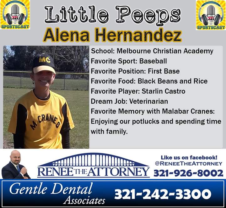 321sportscast's tweet image. 321SPORTSCAST LITTLE PEEP: Congrats Alena on being a 321sportscast Little Peep! Alena plays baseball for the @MalabarCranes1! She loves potlucks and hanging with the family. #keepgrinding Alena and way to #REP321!  #supporttheyouth #softball #BaseBall