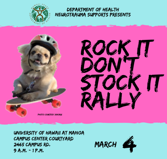 KapiolaniMedCtr's tweet photo. Kicking off #BrainInjuryAwarenessMonth! Join the Kapiolani Injury Prevention team at the #RockItDontStockIt Rally on Wed., March 4, from 9 a.m. to 1 p.m. at the @uhmanoa Campus Center Courtyard for valuable brain injury care and prevention info. #ChangeYourMind #TBI #braininjury https://t.co/nLqKYtYqjK