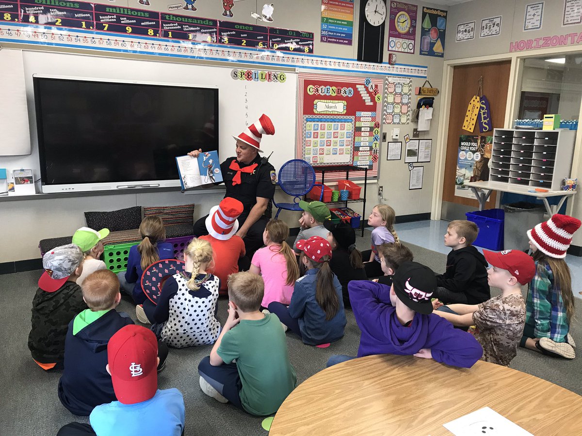 LButtry1's tweet image. Thanks to Deputy Chief Fulscher for reading The Cat in the Hat today! Great way to kick off a fun filled week of Dr. Seuss! #connectses #bulletpride