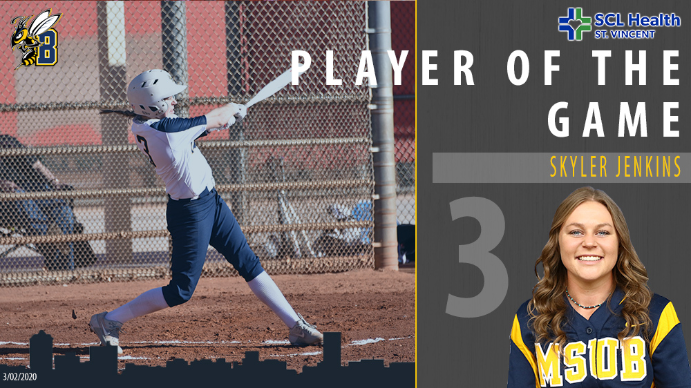 MSUBSoftball's tweet photo. Skyler Jenkins is named the St. Vincent Care Player of the Game. In the two games combined, Jenkins went 6-6 with one walk, one single, one double, four home runs, six RBIs and eight runs scored. She tied a school record for HRs in a single game and hit a walk-off HR. #dingers https://t.co/3Mo40vg50q