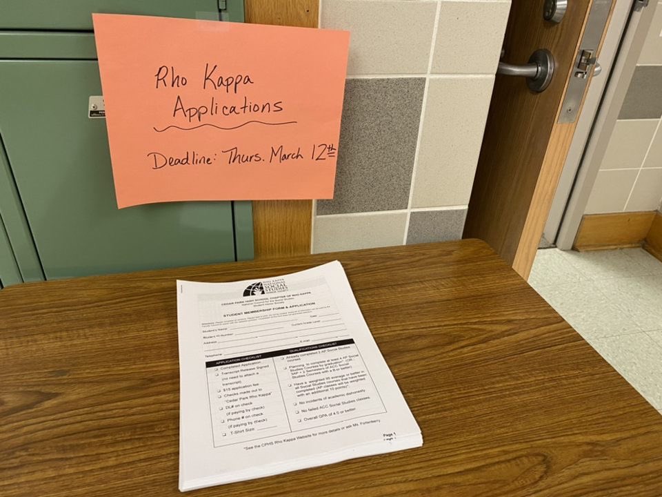 Rho Kappa Applications are open for all those who qualify! Come pick one up outside of Ms. Fortenberry’s room, room 2018. They are due March 12th! There are also available at this website: sites.google.com/a/leanderisd.o… <a href="/CPHSNews/">CPHS News</a> spread the word!!