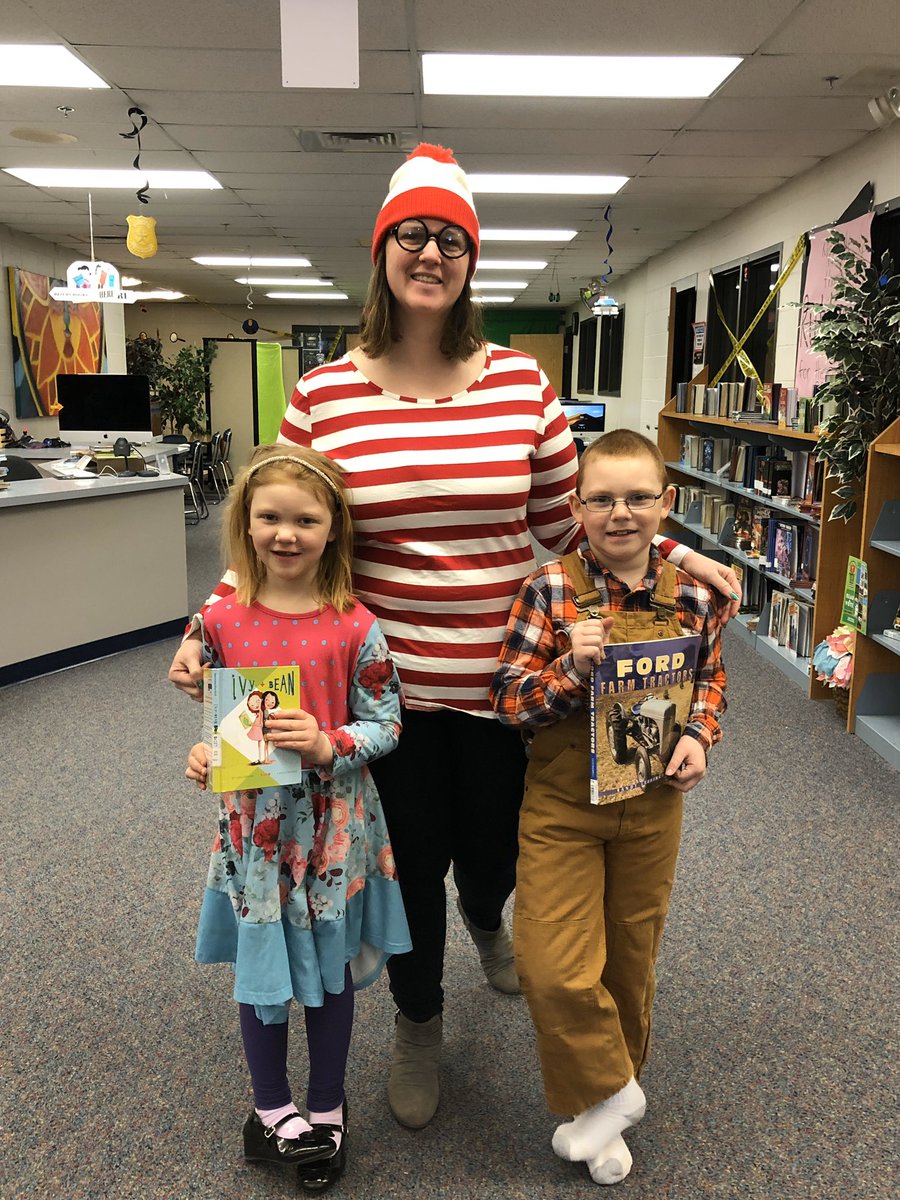 Today we dressed as book characters. We have Henry Ford, Ivy from Ivy and Bean and Waldo! #ReadAcrossAmericaDay #familyfunnight #WeAreIsd1