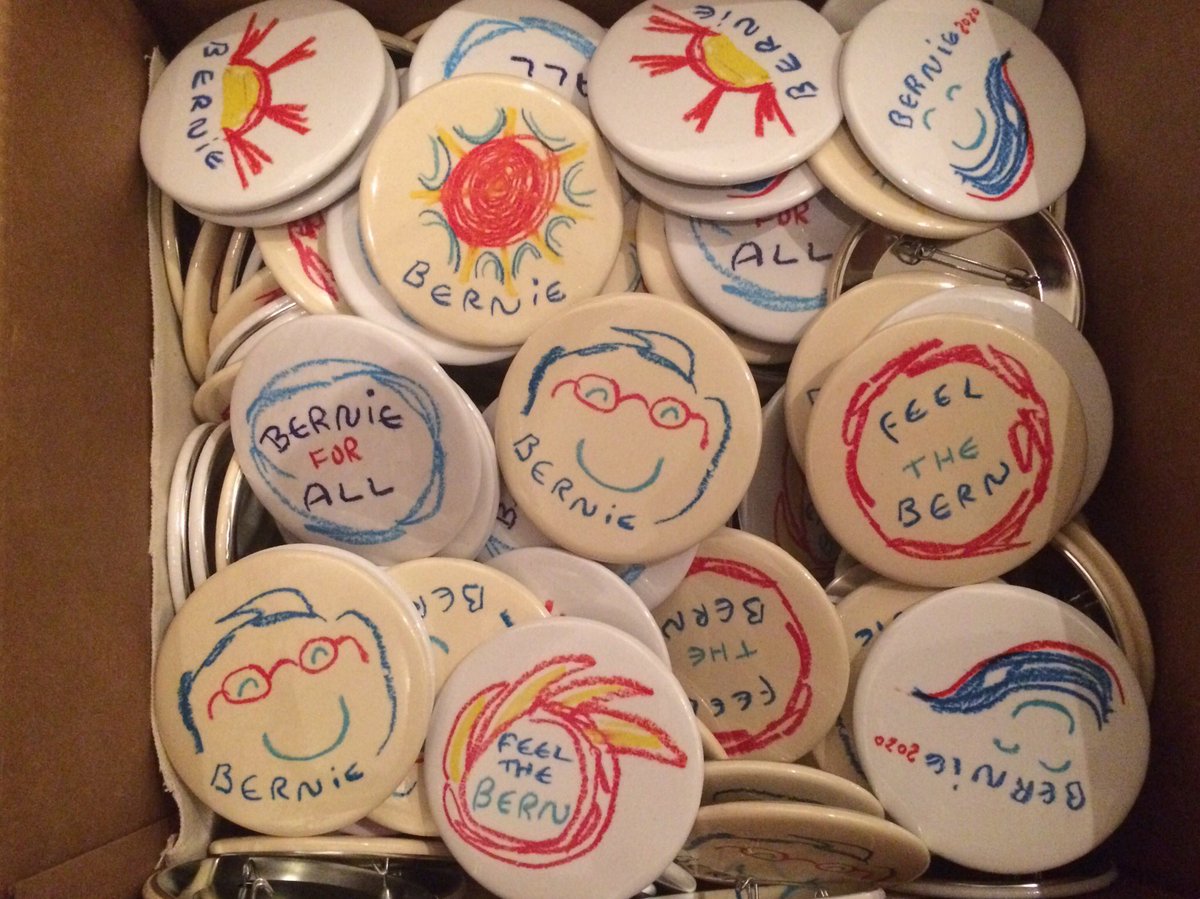 twarpy's tweet photo. bernie buttons are here! ✊ big silly 2.5” pins made from a series of drawings i joyfully scribbled after my 1st #textforbernie volunteer shift. pick one up at ☁️ https://t.co/Pdja7M7TtX 👀 $5 each / $25 full set / cheaper by the dozen. all proceeds donated to the campaign! 🕊 https://t.co/ZlgOkvAUIi