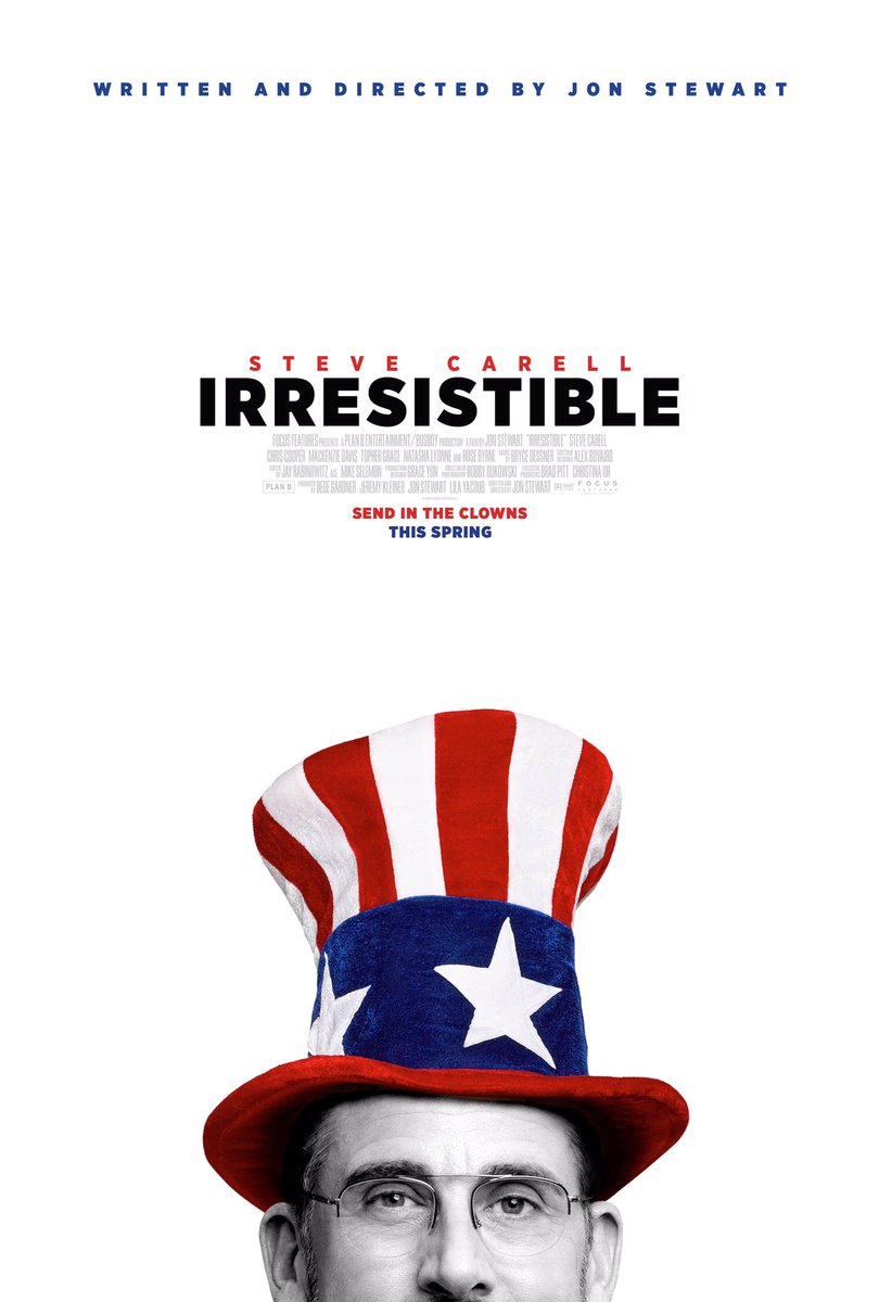 FilmNewsNos's tweet photo. 🎬Here’s the NEW POSTER for political comedy movie, #Irresistible! Starring #SteveCarell, #RoseByrne, #ChrisCooper, #TopherGrace, #NatashaLyonn , #MackenzieDavis, #CJWilson, #WillSasso &amp; #DebraMessing 

In theaters May 29, 2020

@irresistible #JonStewart https://t.co/H06vgpPLYi