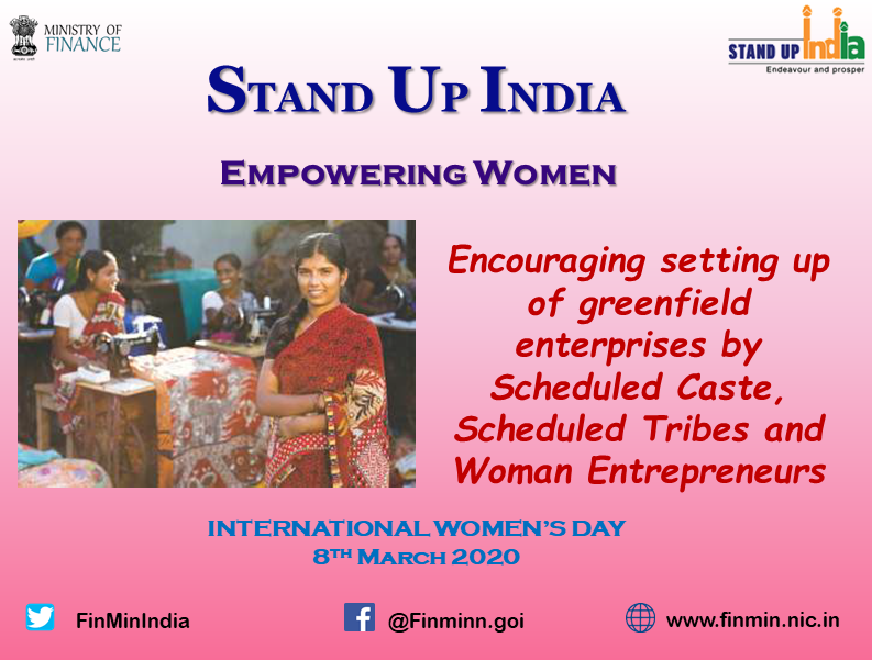 Stand Up India Scheme was launched on 5 April 2016 to promote entrepreneurship at grass root level for economic empowerment and job creation.

#IWD2020 #EachForEqual
<a href="/MinistryWCD/">Ministry of WCD</a> <a href="/PIBIndia/">PIBIndia</a> <a href="/DFS_India/">DFS</a> 
#empoweringwomen