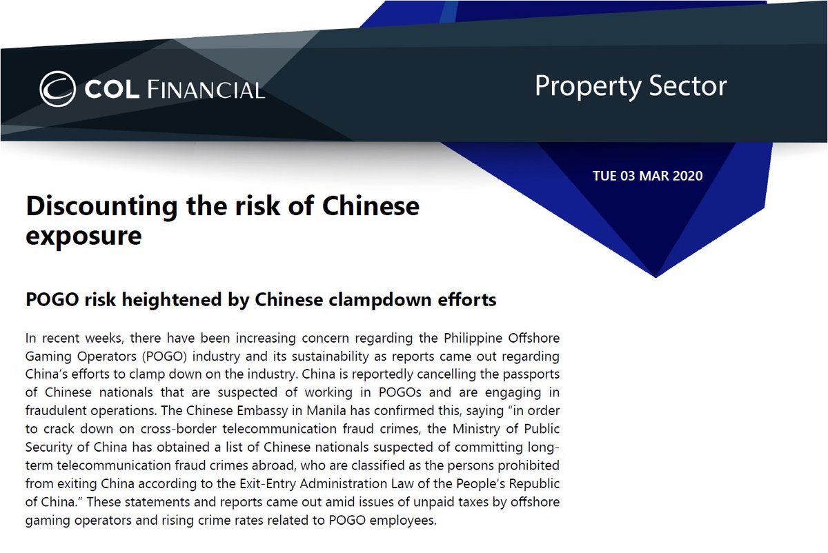 Property Sector: Discounting the risk of Chinese exposure
- POGO and coronavirus risks to impact residential sales
- Factoring in potentially weaker demand from Chinese tenant and buyers

Read the report at colfinancial.com. #COLResearch #COLFinancial