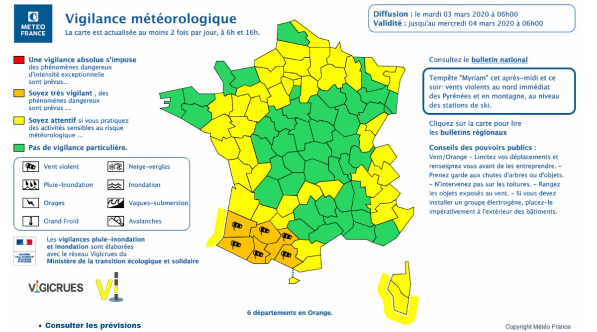 Interieur_Gouv's tweet photo. 🔶💨 #TempeteMyriam : 6 départements sont placés en #VigilanceOrange #VentsViolents. 
De fortes rafales sont attendues, pouvant s'accompagner d'orages, du Golfe de Gascogne au Golfe du Lion.

⚠️ Rangez les objets susceptibles d'être emportés et restez à l'écoute des autorités. https://t.co/FBN7mi3g3q