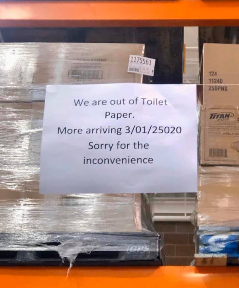 KrystensKitchen's tweet photo. meanwhile...  Costco is out of toilet paper for the next 23,000 years.

thanks #coronavirus!
#COVID19US #costco https://t.co/NPhOCgL7Qb