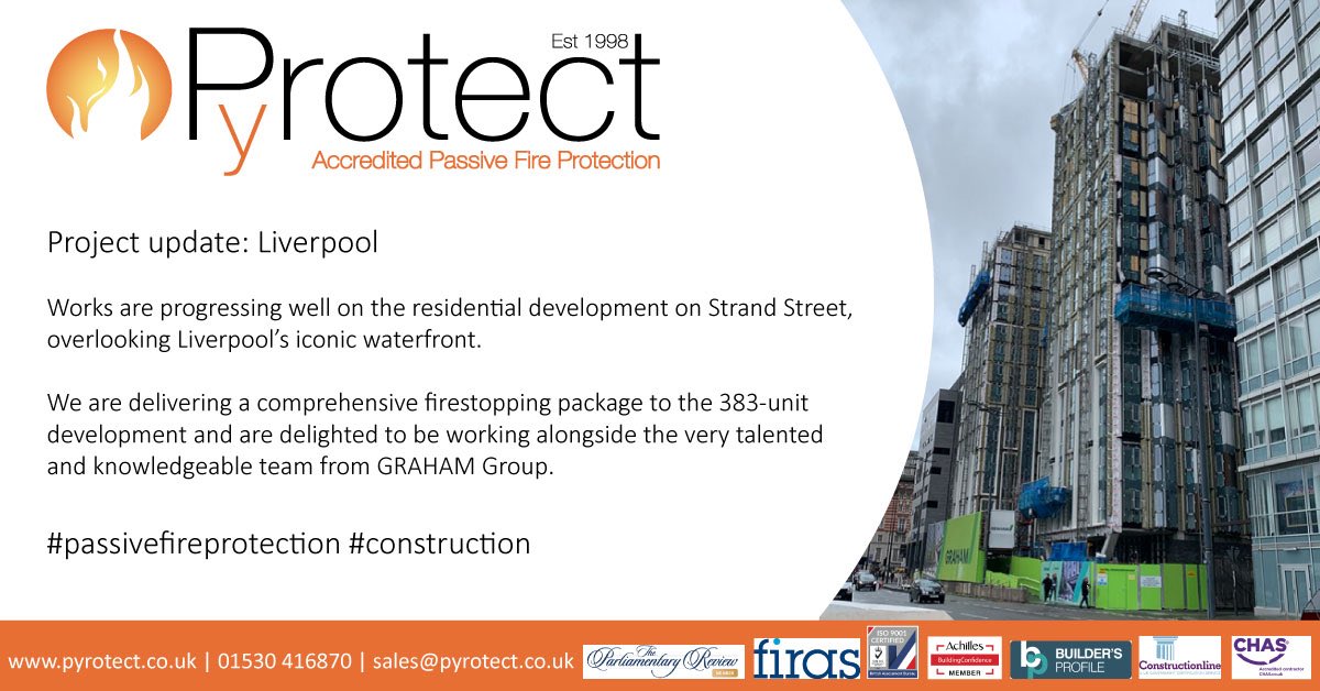 Works are progressing well on the residential development on Strand Street, overlooking Liverpool’s iconic waterfront. 
We are delivering a comprehensive firestopping package to the 383-unit development alongside the very talented and knowledgeable team from <a href="/GRAHAMGroupUK/">GRAHAM Group</a>