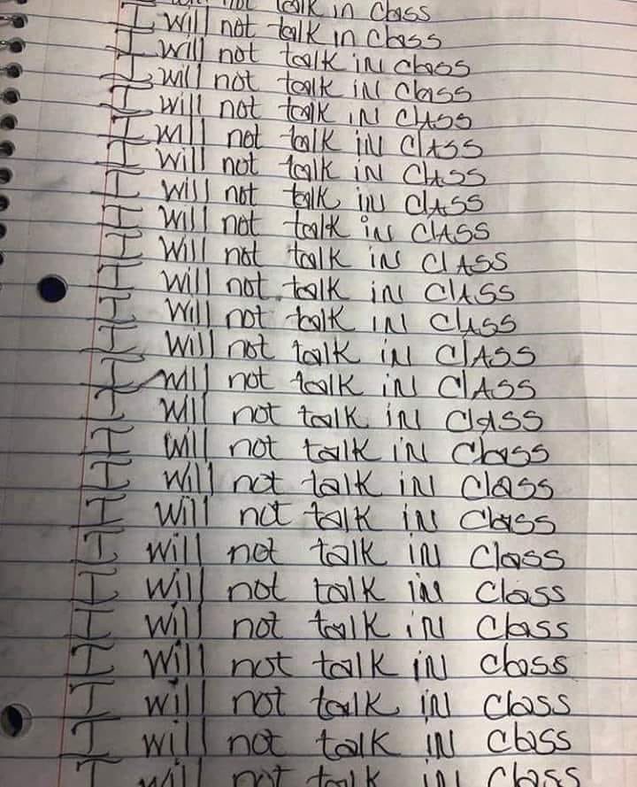 239Smiles's tweet photo. I was told to write “ I will not talk in class” 100 times front and back !!! &amp; I better not skip no lines either 😂😂😂 #90sBabies https://t.co/992B0PHigh