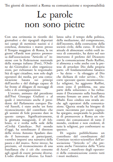#3marzo #rassegnastampa 
Le parole non sono pietre.
Con una cerimonia in ricordo dei giornalisti e dei tipografi deportati nei campi di sterminio si è conclusa la tre giorni di incontri a #Roma su #comunicazione e responsabilità.
<a href="/Artventuno/">articolo21.info</a>
Continua qui: osservatoreromano.va/it/news/le-par…