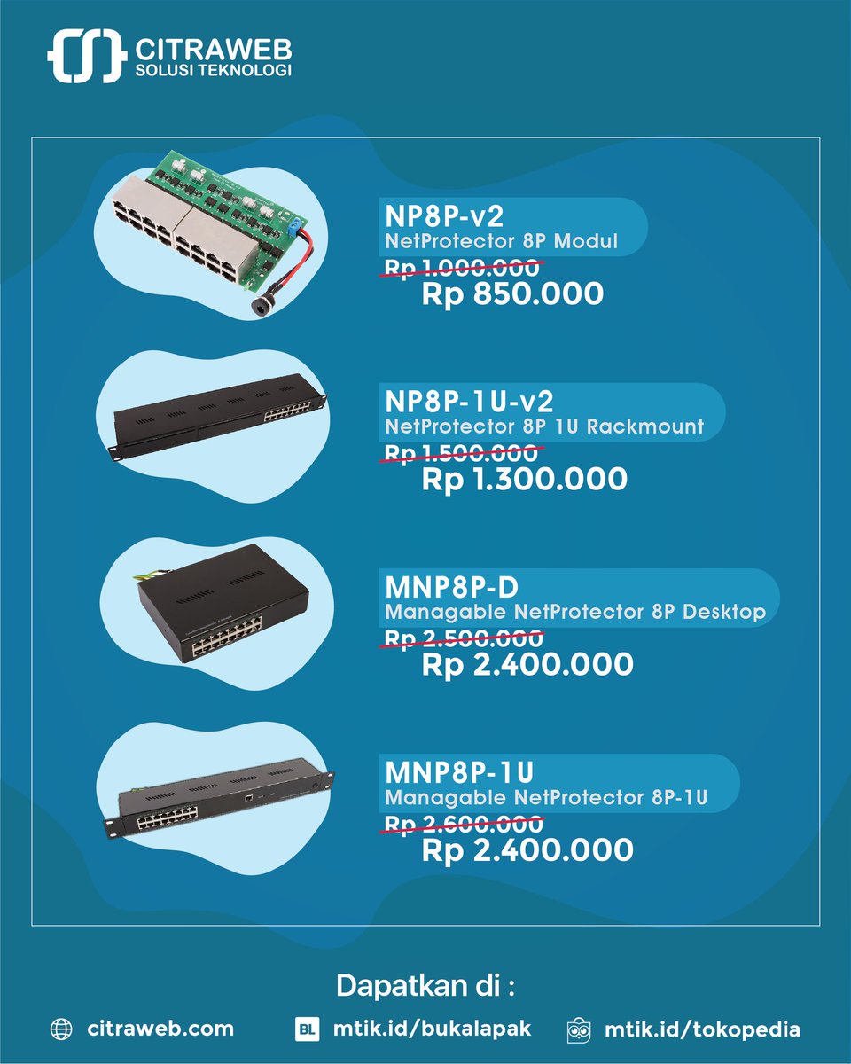 citraweb_com's tweet image. Produk Net Protector series yang merupakan POE injector sekaligus  proteksi dari lonjakan arus listrik

Periode Promo 3-13 Maret 2020

Promo berlaku melalui
citraweb.com
dan
mtik.id/tokopedia
atau
mtik.id/bukalapak

#NetProtector #POEInjector #Citraweb #CST