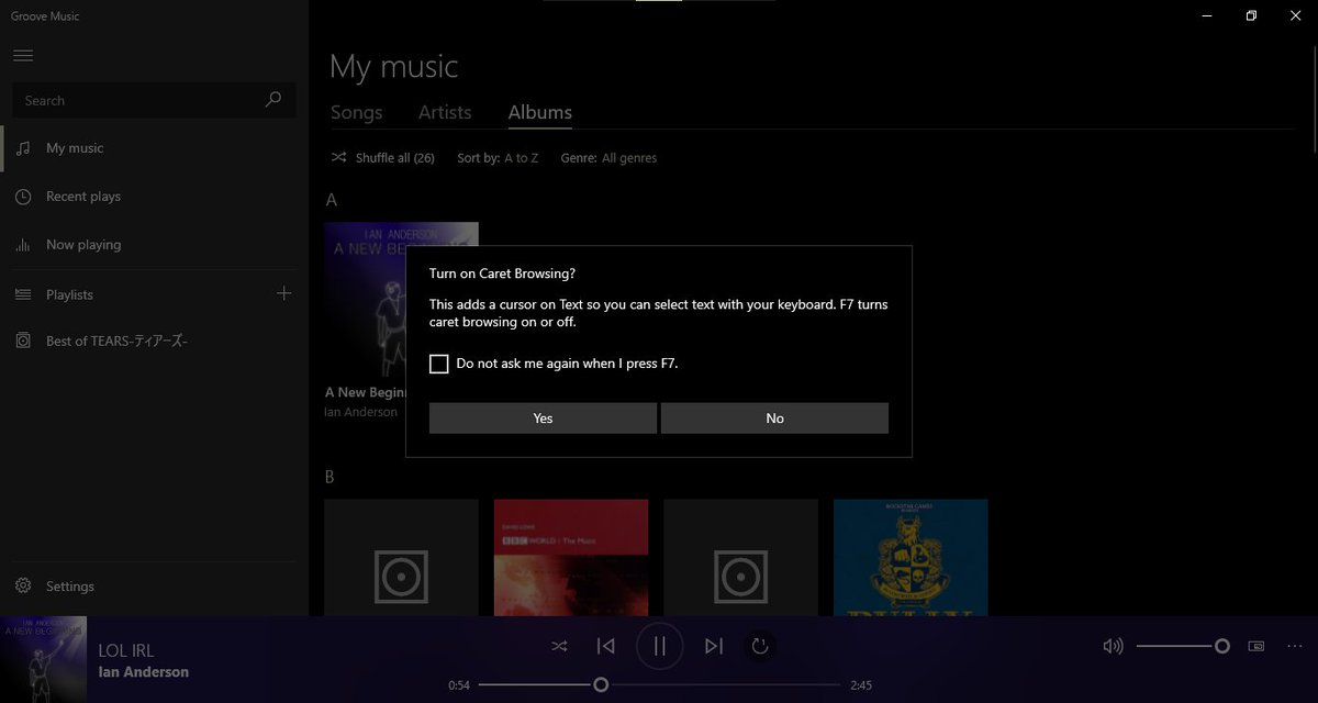 Ortega082's tweet image. I don't know if you guys have seen this, but pressing F7 in a UWP App will turn on Caret Browsing. See images for the definition.
In some cases with media players (eg. Groove Music and Movies & TV), you may need to use CTRL + F7 for that.
#Windows10 #WindowsUI #UWP