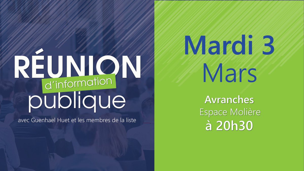 AvranchesC's tweet photo. Ce soir, réunion d'information publique à l'espace Molière à Avranches avec @guenhaelhuet et les membres de sa liste 

#Election2020 #Municipales2020  #avranches #saintmartindeschamps #avranchessaintmartincestvous #manche #municipalesavranches #municipalessaintmartindeschamps https://t.co/3GcBcwcOjD