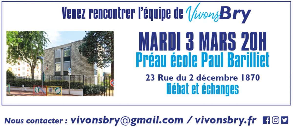BryEnMarche's tweet photo. Retrouvez @godardserge et son équipe ce soir à  #brysurmarne 
✔️École Paul Barilliet
✔️Entrée rue du 2 décembre 1870
✔️20h
➡️focus sur les coteaux de Bry: un quartier en devenir: Vivre Ensemble, #DeveloppementDurable, #démocratie participative 

🔴Votons pour une ville à vivre 🔴 https://t.co/tadwY9KND4
