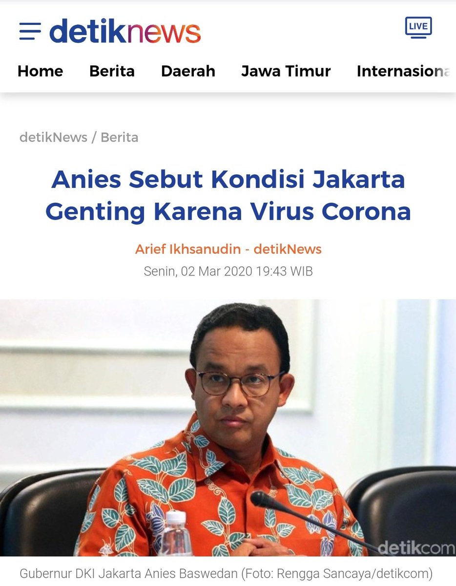 SIAPA BERJIWA PEMIMPIN?

2 WNI Positif Corona, Gubernur Ganjar Imbau Warga Jateng Tak Panik.

🔁 Retweet
NGADEMIN.
-------^^^^^^^^^^^^^---------
Anies Sebut Kondisi Jakarta Genting Karena Virus Corona.
💟 Like
BIKIN PANIK.
#StopPanikLawanCorona