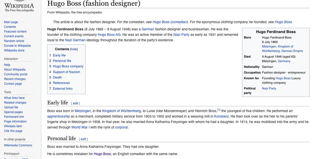 aileenwhitting1's tweet photo. @VictoriaLIVE @joelycett @vicderbyshire @joelycett Thought you might find this funny.  Wikipedia have updated your Hugo Boss (Comedian) &amp; Hugo Boss (Fashion Designers) details.  Apparently Hugo Boss (Fashion Designer) in his personal life was sometimes mistaken as you the comedian; quiet clever given he died in 1948 https://t.co/TQJ3AkD7rX
