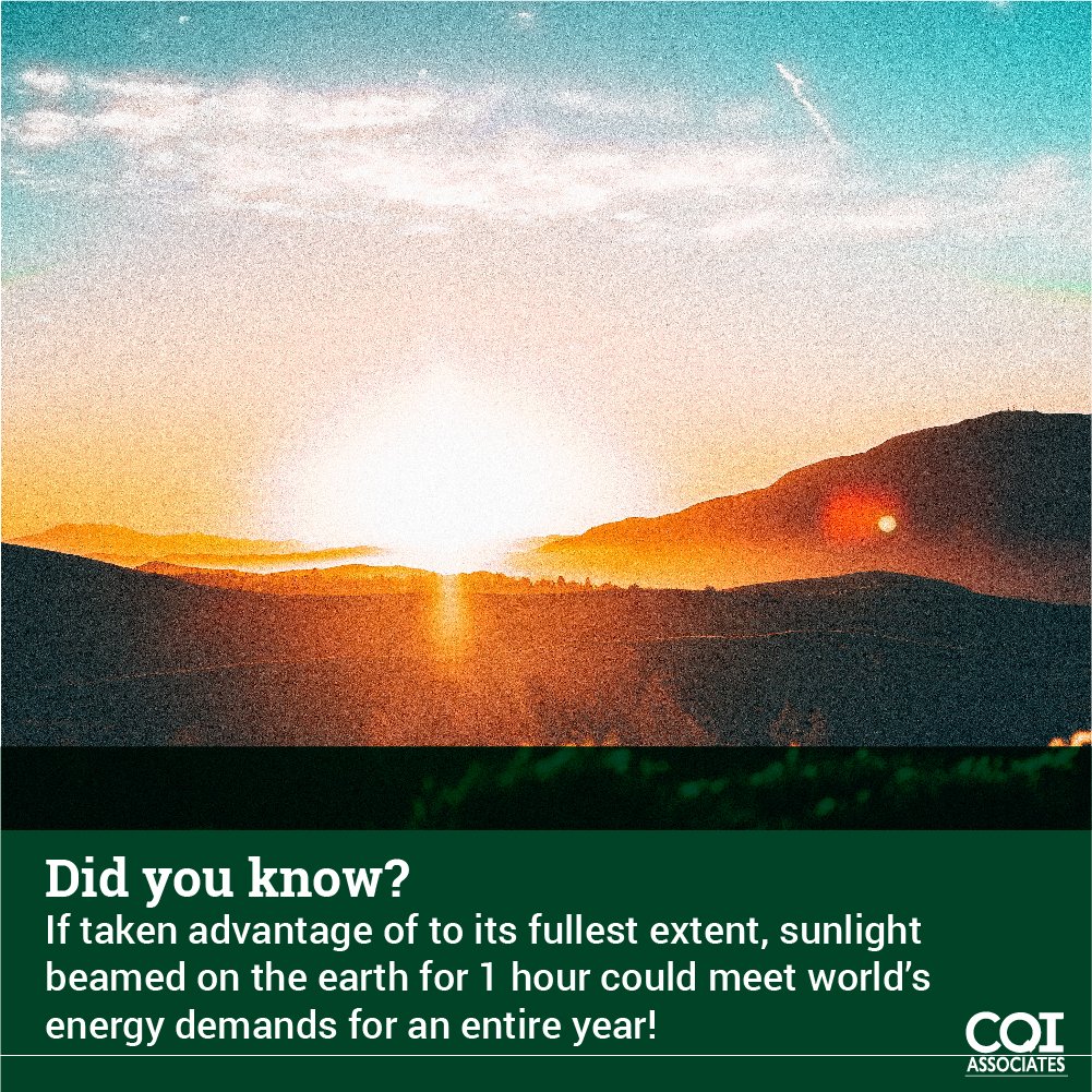Did you know? If taken advantage of to its fullest extent, sunlight beamed on the earth for 1 hour could meet the world's energy demands for an entire year!