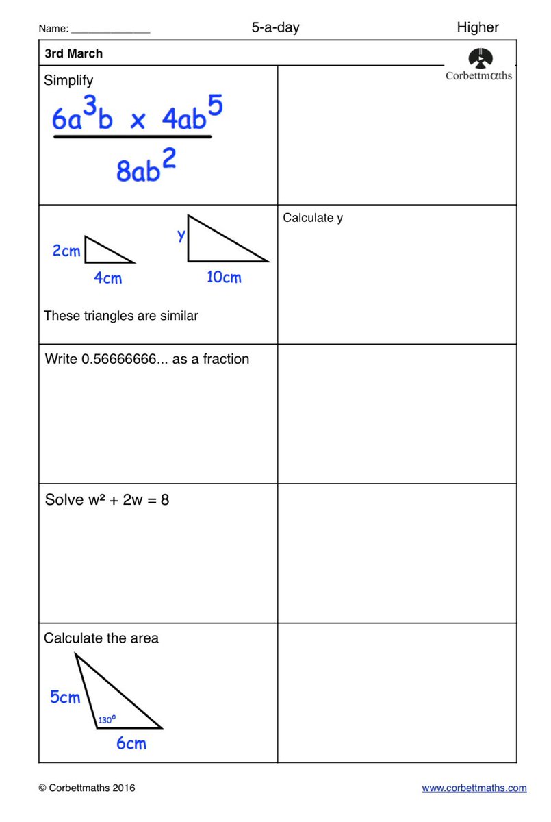 Corbettmaths's tweet photo. Studying for Higher GCSE Maths? Try today's Foundation Plus, Higher &amp; challenging Higher Plus #maths5aday answers: https://t.co/YFH42YTcTV https://t.co/B5Z9SLG3zg