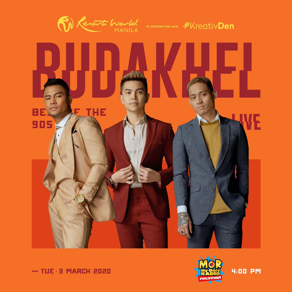 kreativdenph's tweet photo. 🚨 FRESH OFF THE DAY 🚨  Sing-along with your favorite 90s music with BUDAKHEL this afternoon at MOR 101.9 4 PM #BUDAKHELlive @BUGOYDRILON @imdarylong @khelpangilinan  @mor1019 https://t.co/ILPJ4sXyek