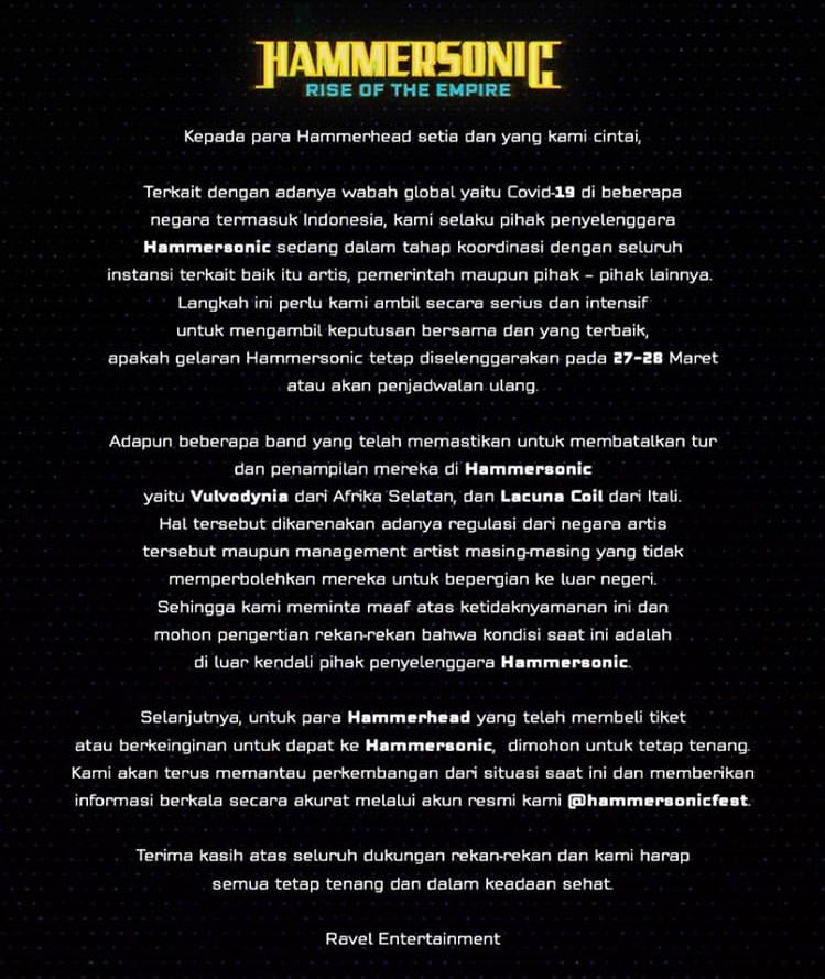 Pengumuman resmi pihak Hammersonic Festival 2020 mengenai Covid-19